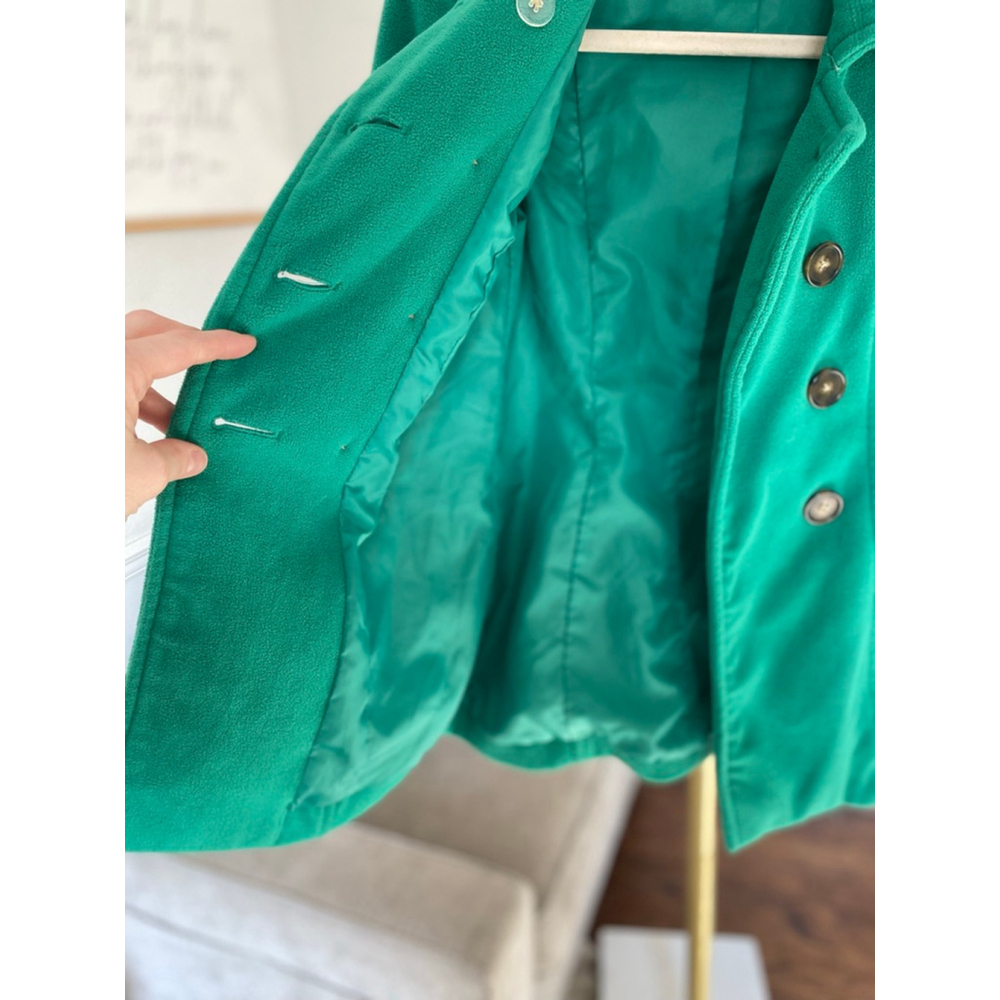 Old Navy Emerald Green Fleece Peacoat Belted Double Breasted Kelly Green Preppy - Picture 9 of 9